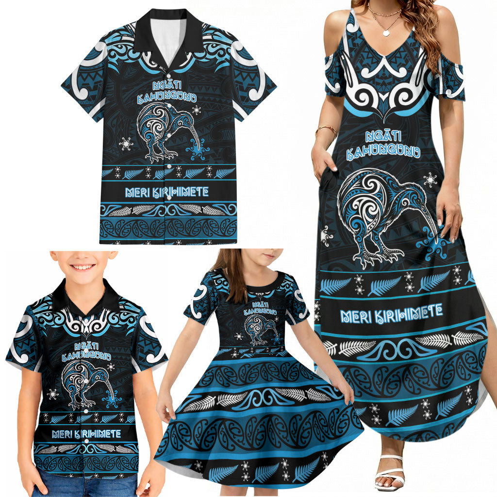 Personalised Ngati Kahungunu Aotearoa Meri Kirihimete Family Matching Summer Maxi Dress and Hawaiian Shirt Maori Kiwi Bird Silver Fern Koru Pattern