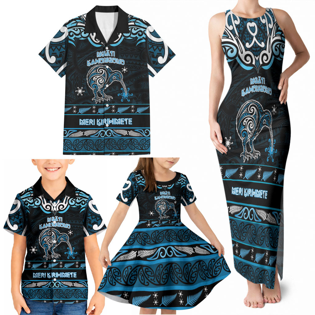 Personalised Ngati Kahungunu Aotearoa Meri Kirihimete Family Matching Tank Maxi Dress and Hawaiian Shirt Maori Kiwi Bird Silver Fern Koru Pattern