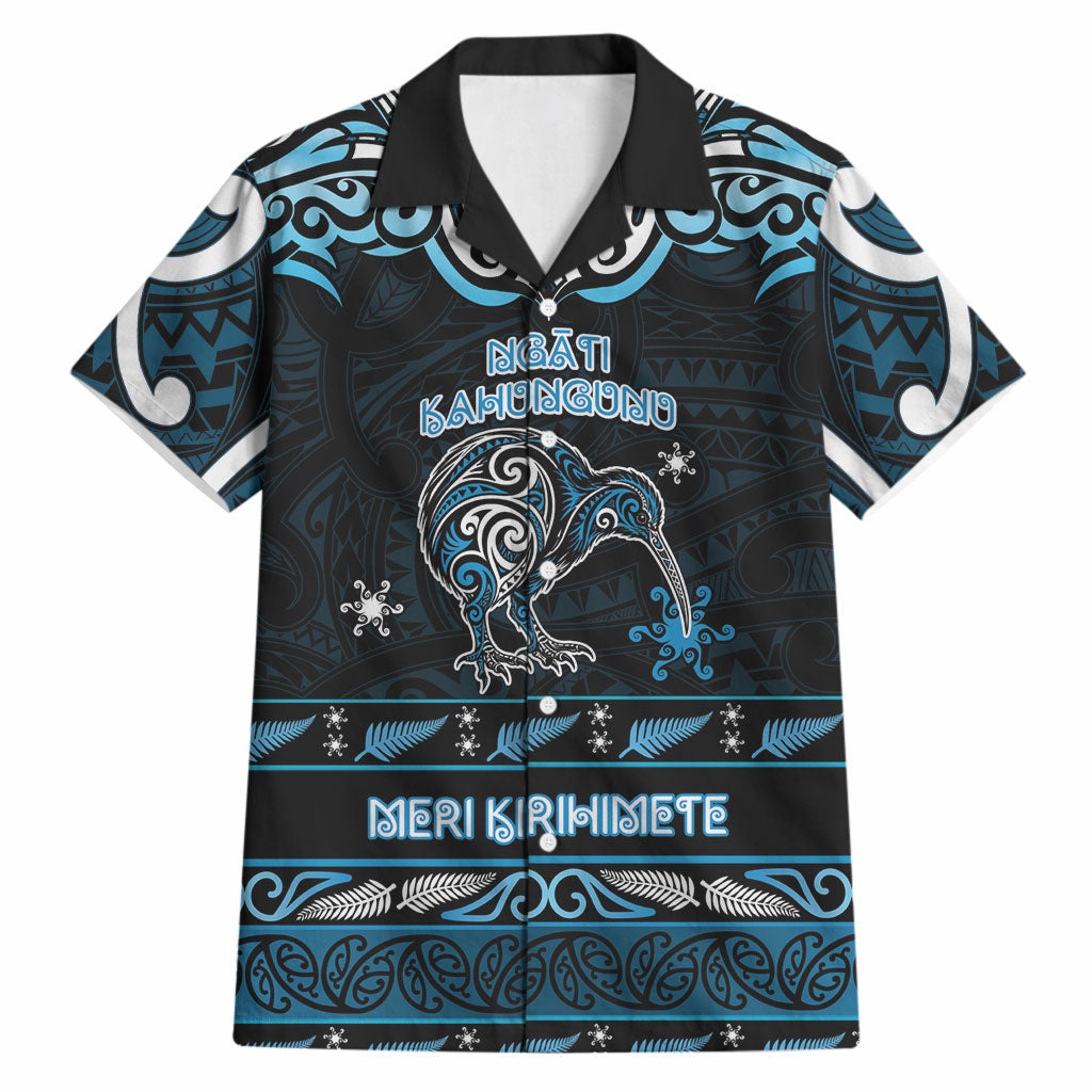 Personalised Ngati Kahungunu Aotearoa Meri Kirihimete Hawaiian Shirt Maori Kiwi Bird Silver Fern Koru Pattern