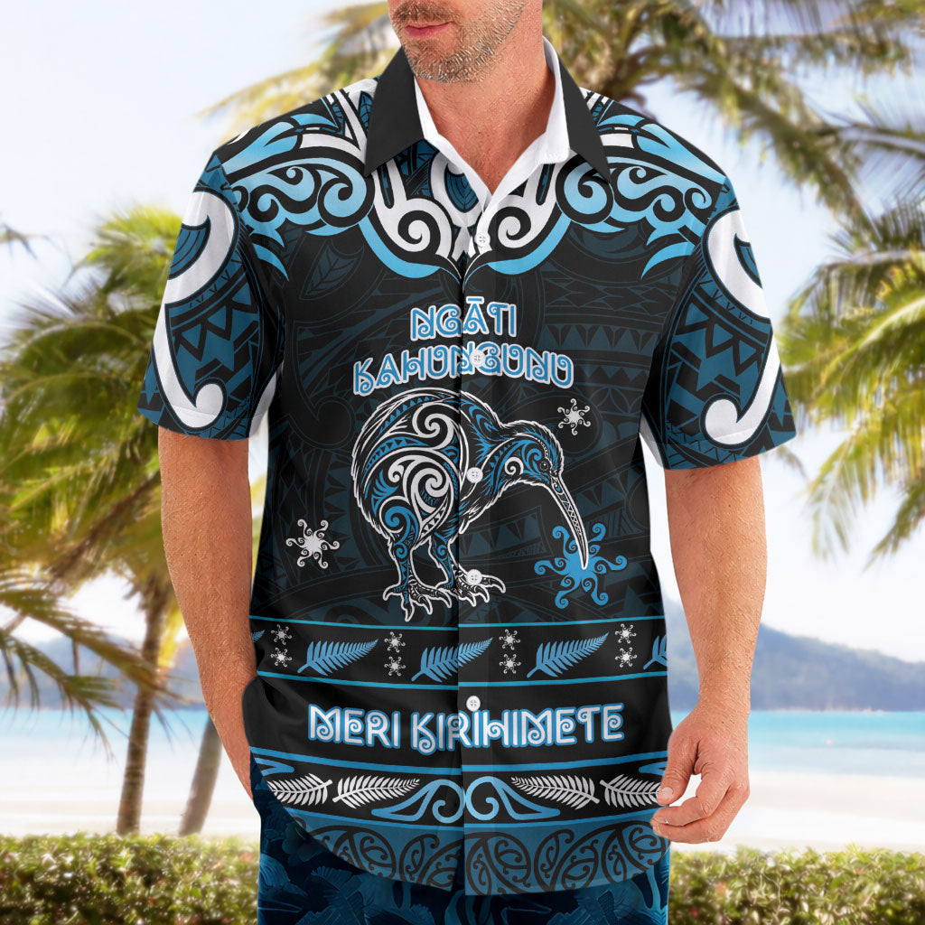 Personalised Ngati Kahungunu Aotearoa Meri Kirihimete Hawaiian Shirt Maori Kiwi Bird Silver Fern Koru Pattern