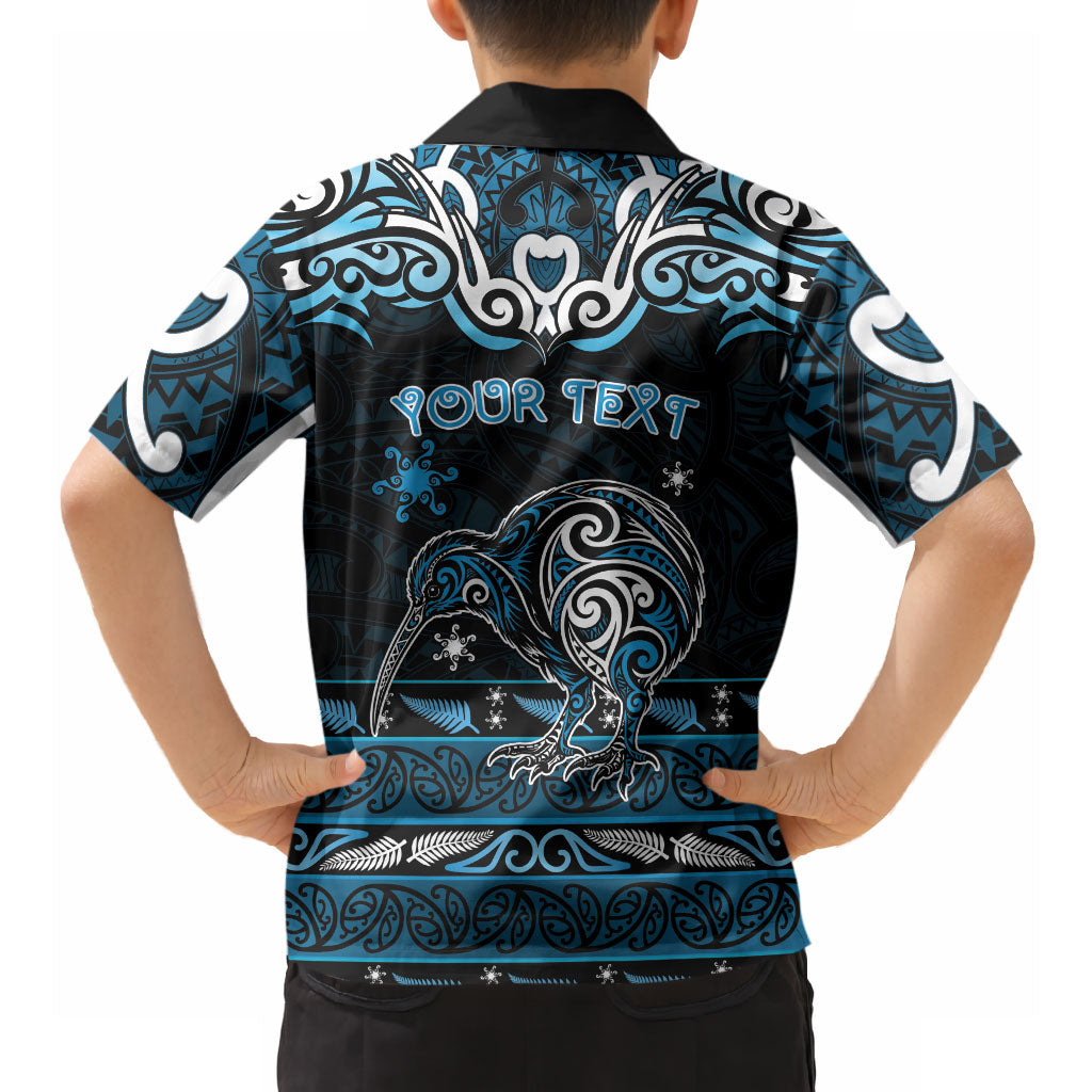 Personalised Ngati Kahungunu Aotearoa Meri Kirihimete Hawaiian Shirt Maori Kiwi Bird Silver Fern Koru Pattern