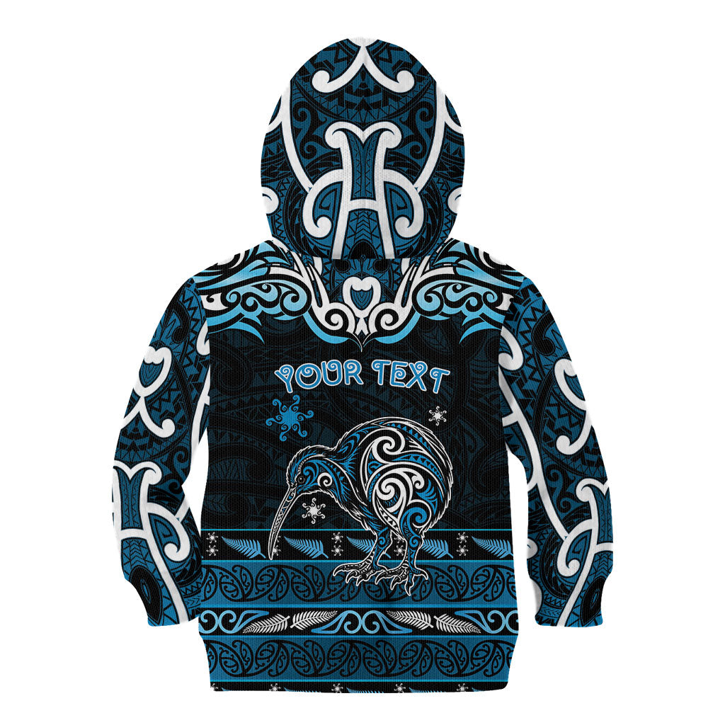 Personalised Ngati Kahungunu Aotearoa Meri Kirihimete Kid Hoodie Maori Kiwi Bird Silver Fern Koru Pattern