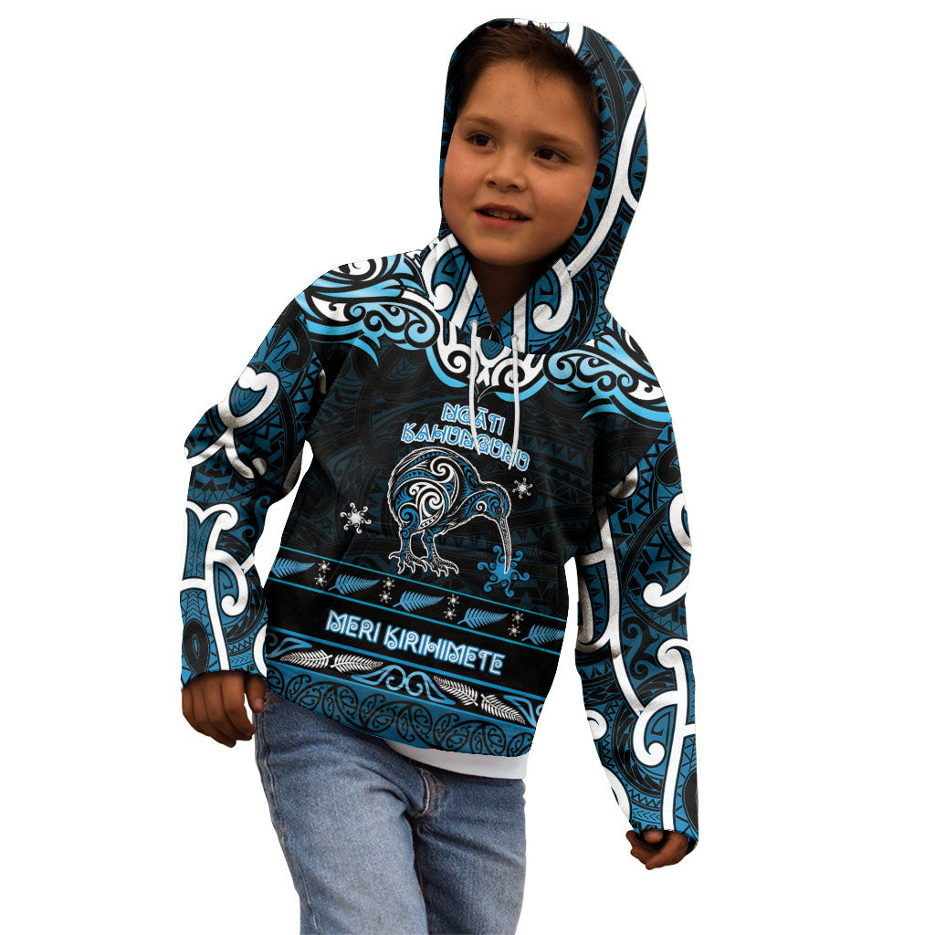 Personalised Ngati Kahungunu Aotearoa Meri Kirihimete Kid Hoodie Maori Kiwi Bird Silver Fern Koru Pattern