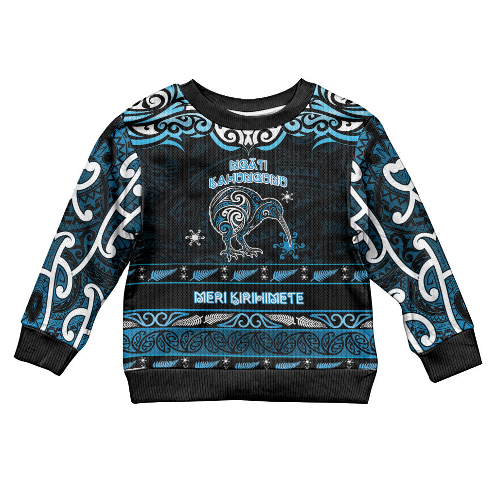 Personalised Ngati Kahungunu Aotearoa Meri Kirihimete Kid Ugly Christmas Sweater Maori Kiwi Bird Silver Fern Koru Pattern