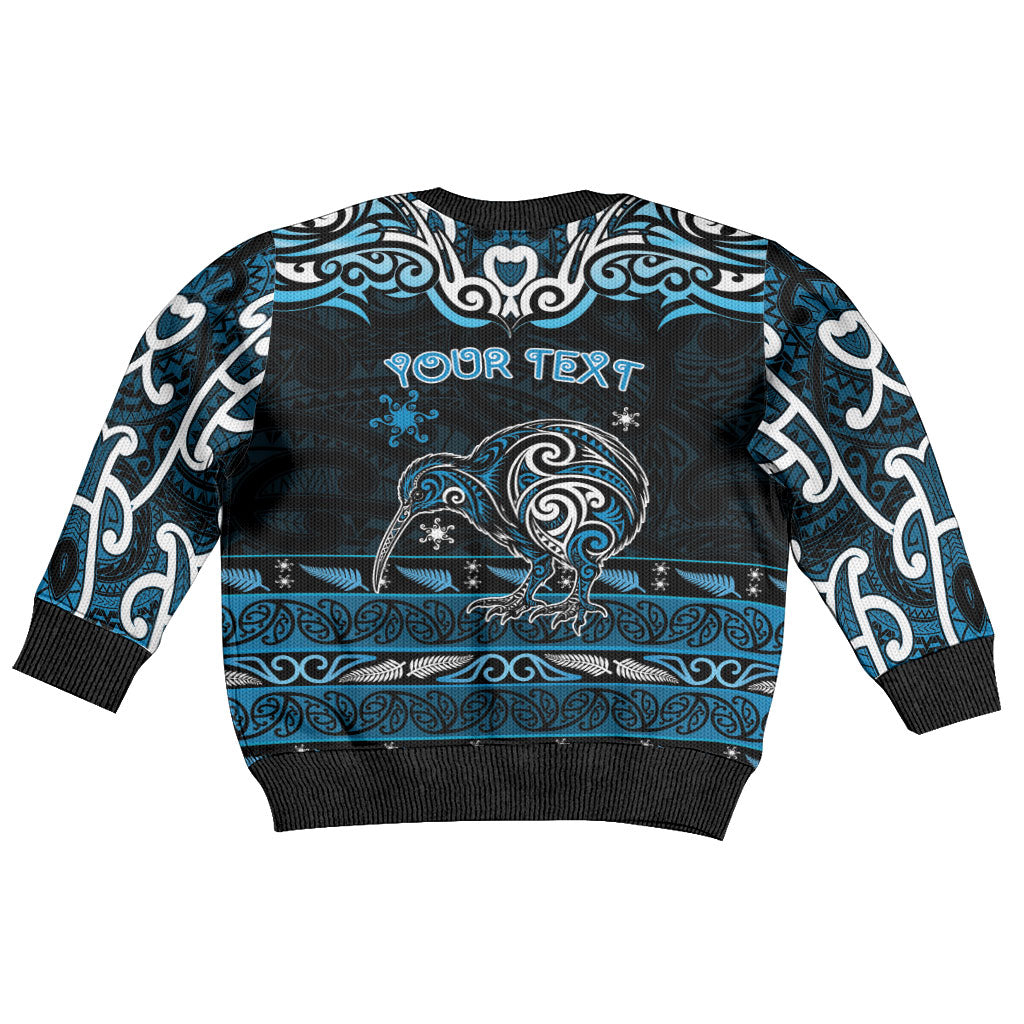 Personalised Ngati Kahungunu Aotearoa Meri Kirihimete Kid Ugly Christmas Sweater Maori Kiwi Bird Silver Fern Koru Pattern