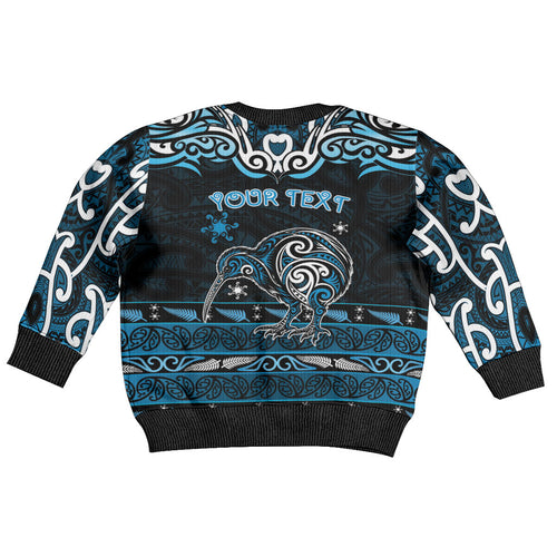 Personalised Ngati Kahungunu Aotearoa Meri Kirihimete Kid Ugly Christmas Sweater Maori Kiwi Bird Silver Fern Koru Pattern
