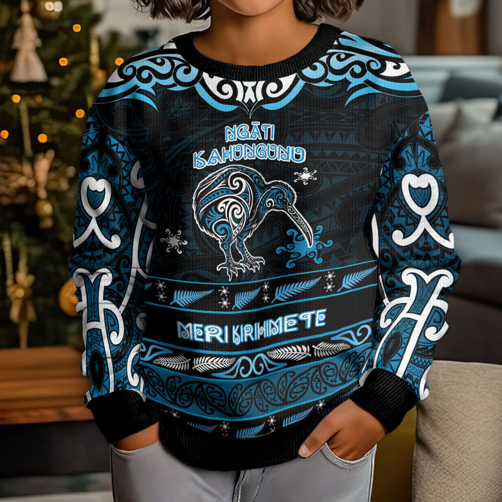 Personalised Ngati Kahungunu Aotearoa Meri Kirihimete Kid Ugly Christmas Sweater Maori Kiwi Bird Silver Fern Koru Pattern
