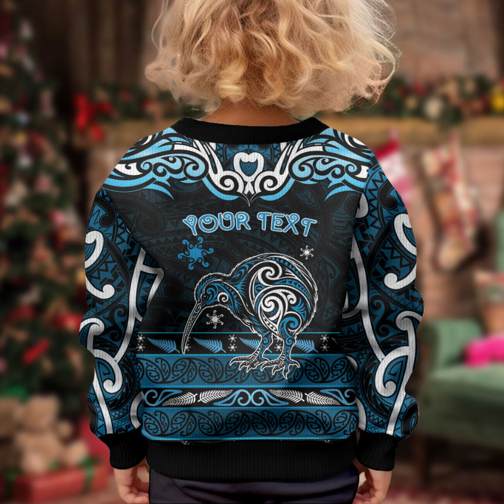 Personalised Ngati Kahungunu Aotearoa Meri Kirihimete Kid Ugly Christmas Sweater Maori Kiwi Bird Silver Fern Koru Pattern