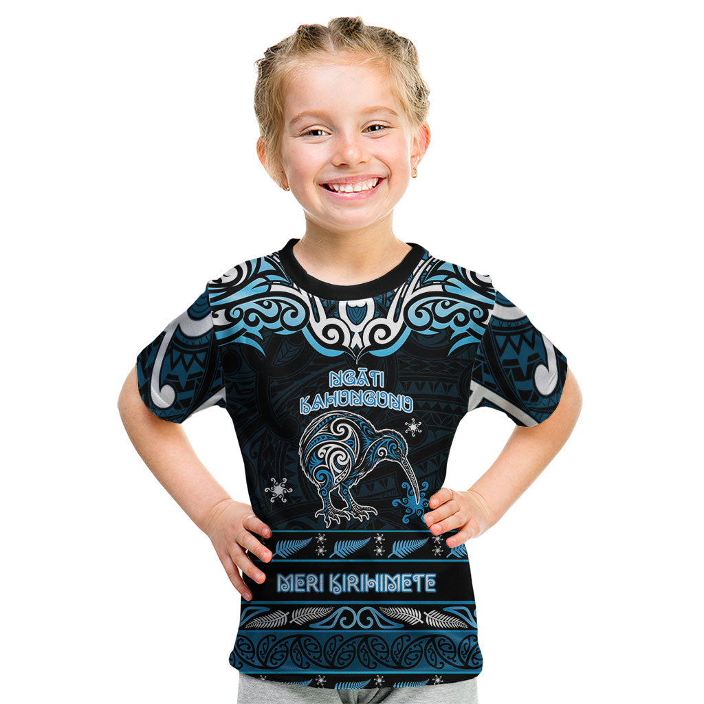 Personalised Ngati Kahungunu Aotearoa Meri Kirihimete Kid T Shirt Maori Kiwi Bird Silver Fern Koru Pattern