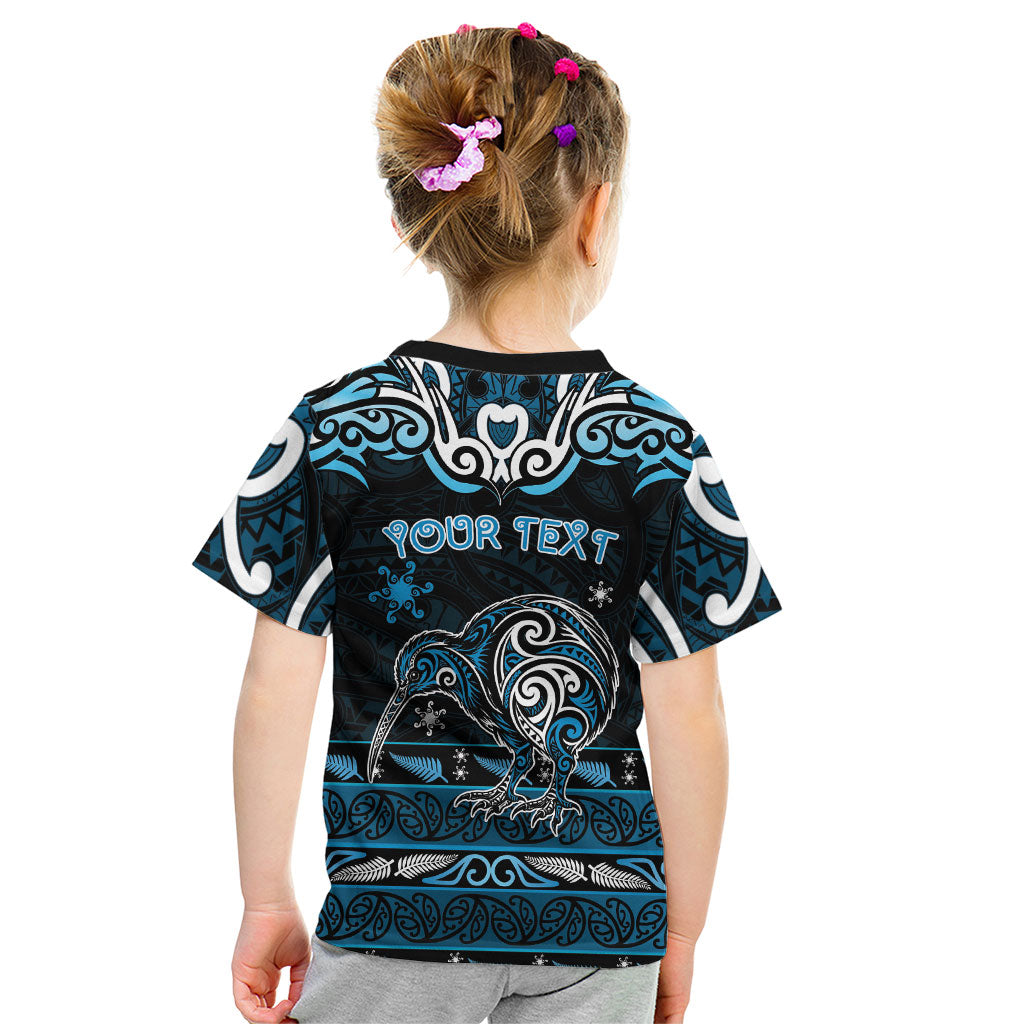 Personalised Ngati Kahungunu Aotearoa Meri Kirihimete Kid T Shirt Maori Kiwi Bird Silver Fern Koru Pattern