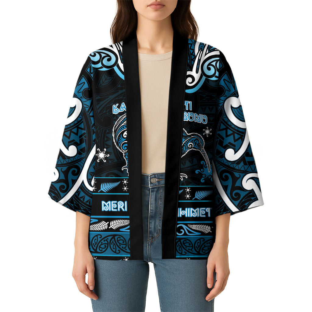 Personalised Ngati Kahungunu Aotearoa Meri Kirihimete Kimono Maori Kiwi Bird Silver Fern Koru Pattern