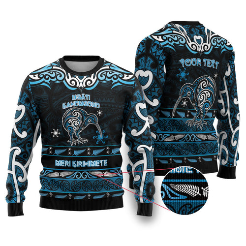 Personalised Ngati Kahungunu Aotearoa Meri Kirihimete Ugly Christmas Sweater Maori Kiwi Bird Silver Fern Koru Pattern