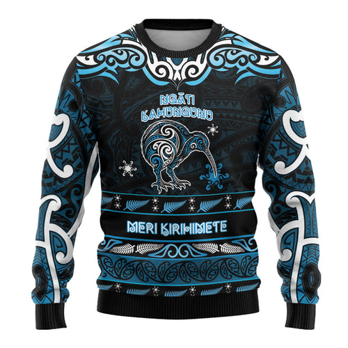 Personalised Ngati Kahungunu Aotearoa Meri Kirihimete Ugly Christmas Sweater Maori Kiwi Bird Silver Fern Koru Pattern