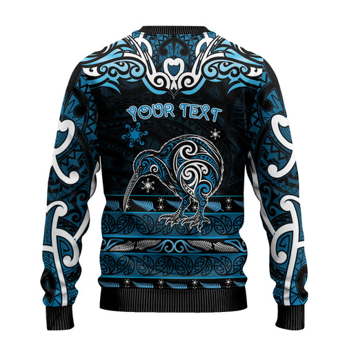 Personalised Ngati Kahungunu Aotearoa Meri Kirihimete Ugly Christmas Sweater Maori Kiwi Bird Silver Fern Koru Pattern