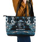 Ngati Kahungunu Aotearoa Meri Kirihimete Leather Tote Bag Maori Kiwi Bird Silver Fern Koru Pattern