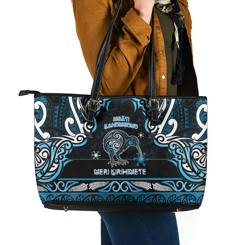 Ngati Kahungunu Aotearoa Meri Kirihimete Leather Tote Bag Maori Kiwi Bird Silver Fern Koru Pattern