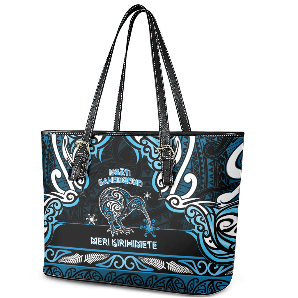 Ngati Kahungunu Aotearoa Meri Kirihimete Leather Tote Bag Maori Kiwi Bird Silver Fern Koru Pattern