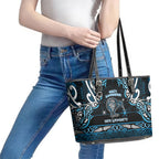 Ngati Kahungunu Aotearoa Meri Kirihimete Leather Tote Bag Maori Kiwi Bird Silver Fern Koru Pattern