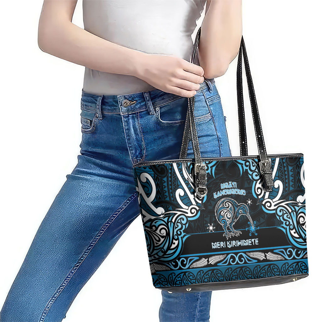 Ngati Kahungunu Aotearoa Meri Kirihimete Leather Tote Bag Maori Kiwi Bird Silver Fern Koru Pattern