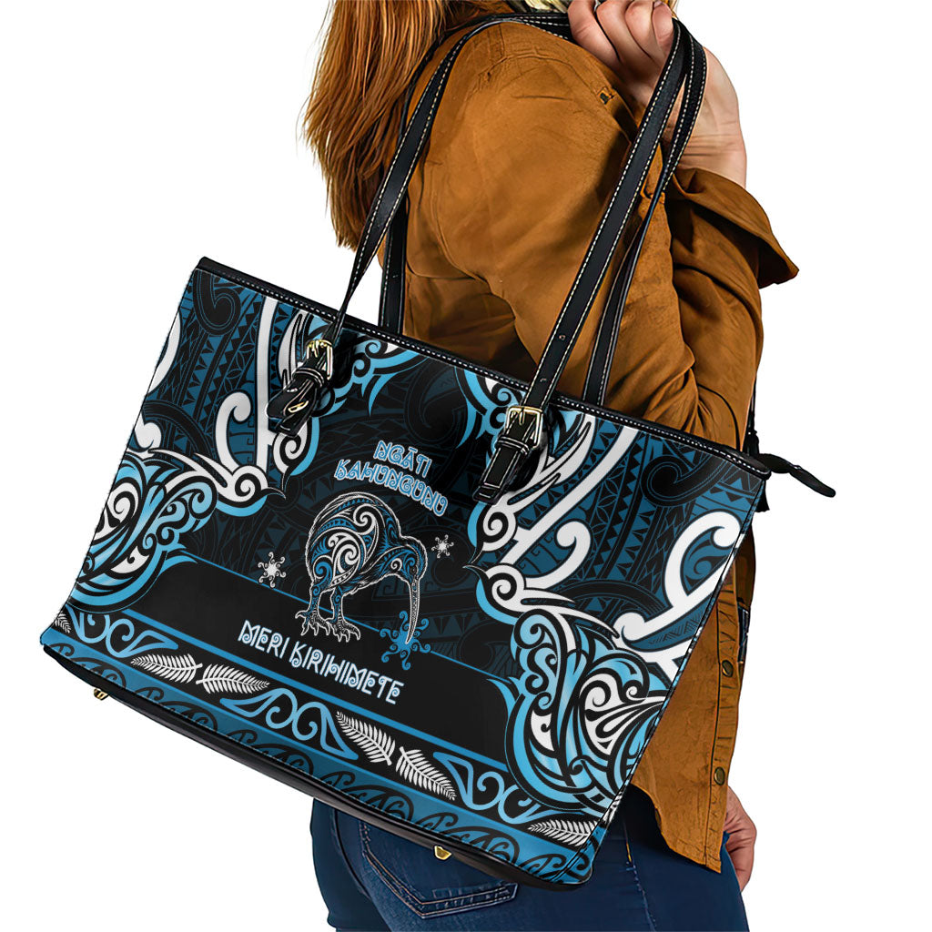 Ngati Kahungunu Aotearoa Meri Kirihimete Leather Tote Bag Maori Kiwi Bird Silver Fern Koru Pattern