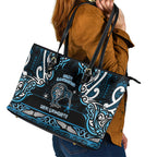 Ngati Kahungunu Aotearoa Meri Kirihimete Leather Tote Bag Maori Kiwi Bird Silver Fern Koru Pattern