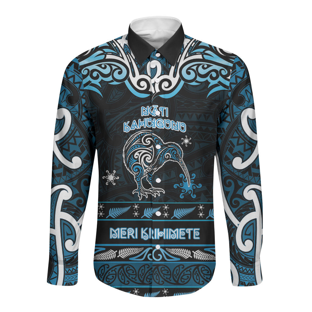 Personalised Ngati Kahungunu Aotearoa Meri Kirihimete Long Sleeve Button Shirt Maori Kiwi Bird Silver Fern Koru Pattern