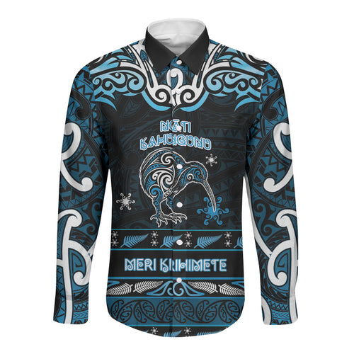 Personalised Ngati Kahungunu Aotearoa Meri Kirihimete Long Sleeve Button Shirt Maori Kiwi Bird Silver Fern Koru Pattern