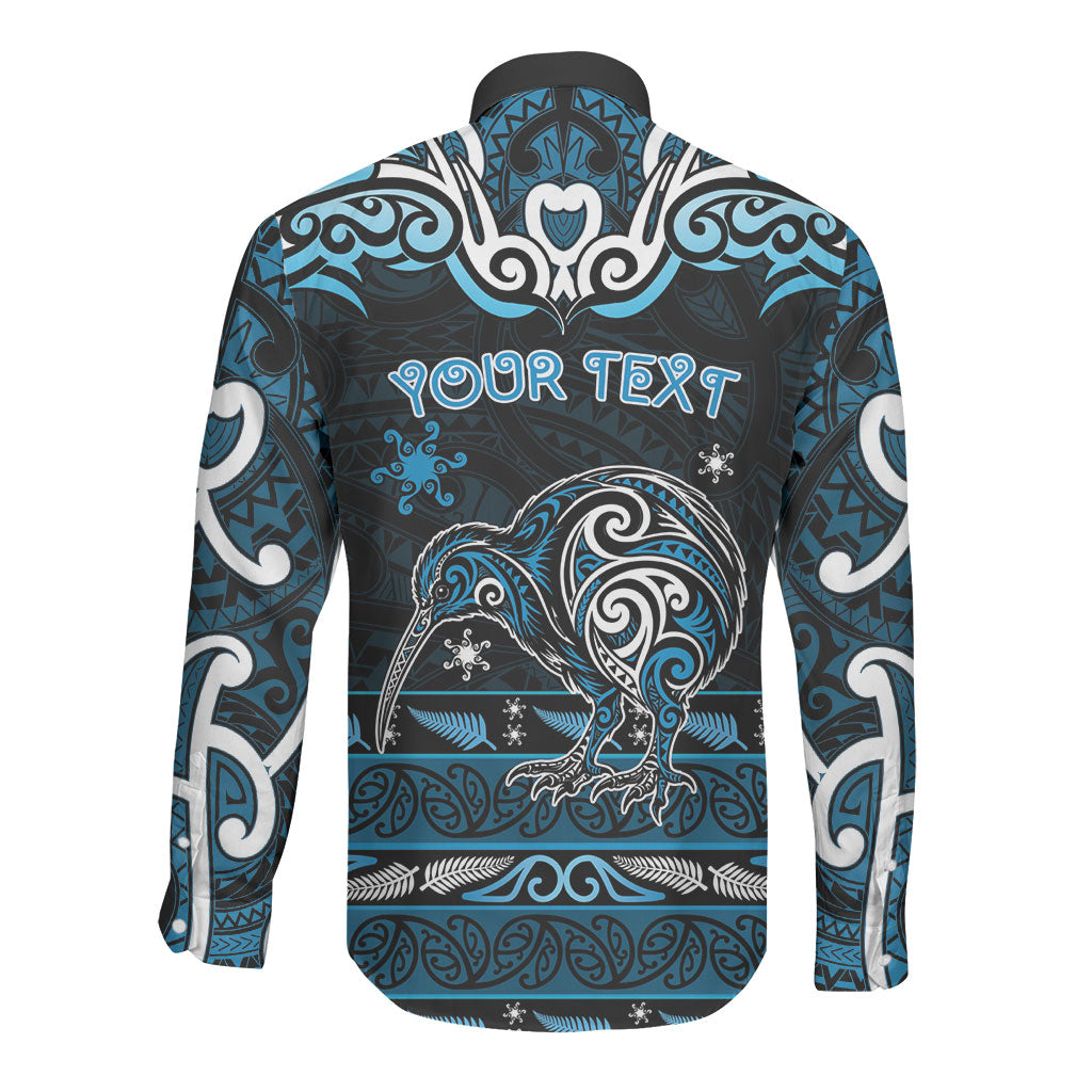 Personalised Ngati Kahungunu Aotearoa Meri Kirihimete Long Sleeve Button Shirt Maori Kiwi Bird Silver Fern Koru Pattern