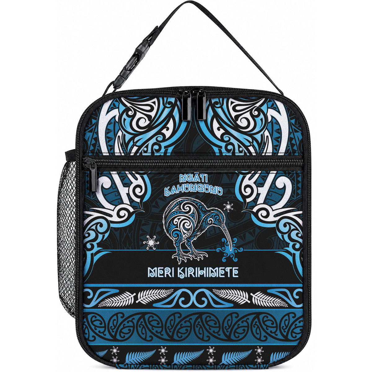 Ngati Kahungunu Aotearoa Meri Kirihimete Lunch Bag Maori Kiwi Bird Silver Fern Koru Pattern