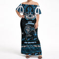 Personalised Ngati Kahungunu Aotearoa Meri Kirihimete Off Shoulder Maxi Dress Maori Kiwi Bird Silver Fern Koru Pattern