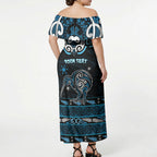 Personalised Ngati Kahungunu Aotearoa Meri Kirihimete Off Shoulder Maxi Dress Maori Kiwi Bird Silver Fern Koru Pattern