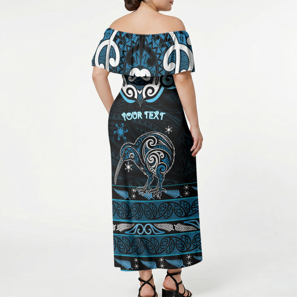 Personalised Ngati Kahungunu Aotearoa Meri Kirihimete Off Shoulder Maxi Dress Maori Kiwi Bird Silver Fern Koru Pattern