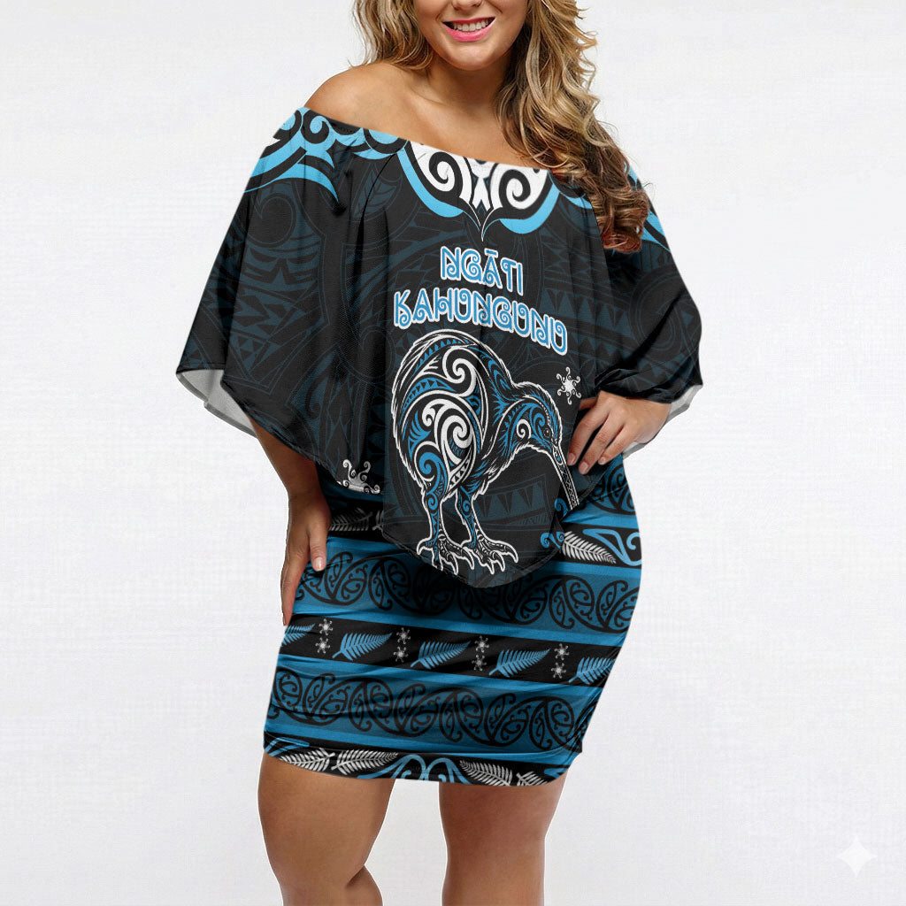 Personalised Ngati Kahungunu Aotearoa Meri Kirihimete Off Shoulder Short Dress Maori Kiwi Bird Silver Fern Koru Pattern