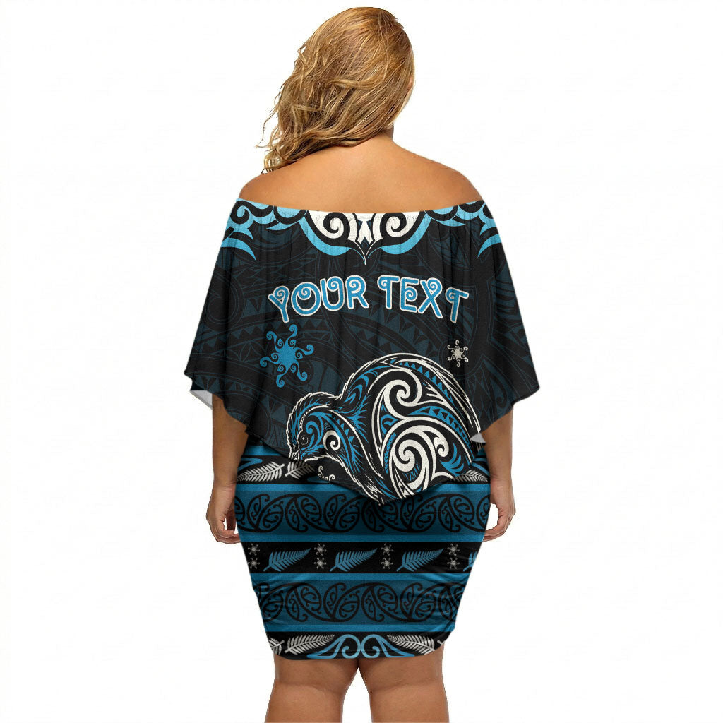 Personalised Ngati Kahungunu Aotearoa Meri Kirihimete Off Shoulder Short Dress Maori Kiwi Bird Silver Fern Koru Pattern