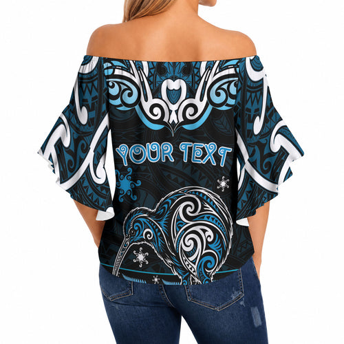 Personalised Ngati Kahungunu Aotearoa Meri Kirihimete Off Shoulder Wrap Waist Top Maori Kiwi Bird Silver Fern Koru Pattern
