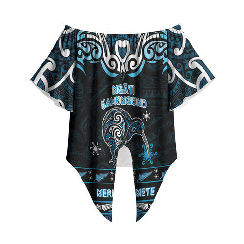 Personalised Ngati Kahungunu Aotearoa Meri Kirihimete Off Shoulder Wrap Waist Top Maori Kiwi Bird Silver Fern Koru Pattern