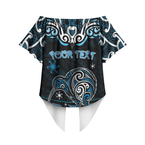 Personalised Ngati Kahungunu Aotearoa Meri Kirihimete Off Shoulder Wrap Waist Top Maori Kiwi Bird Silver Fern Koru Pattern
