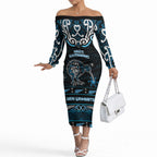 Personalised Ngati Kahungunu Aotearoa Meri Kirihimete Off The Shoulder Long Sleeve Dress Maori Kiwi Bird Silver Fern Koru Pattern