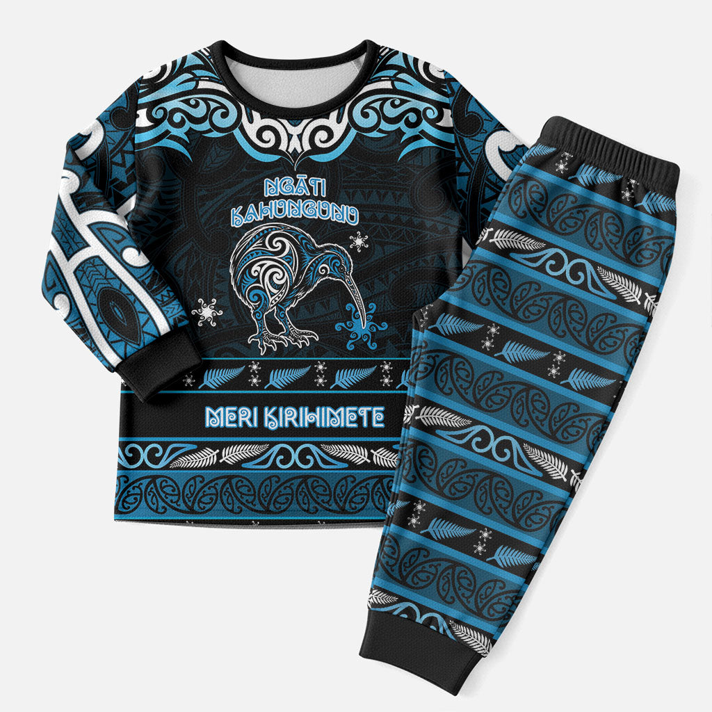 Personalised Ngati Kahungunu Aotearoa Meri Kirihimete Christmas Pajama Set Maori Kiwi Bird Silver Fern Koru Pattern
