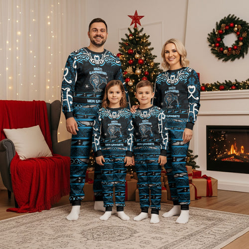 Personalised Ngati Kahungunu Aotearoa Meri Kirihimete Christmas Pajama Set Maori Kiwi Bird Silver Fern Koru Pattern