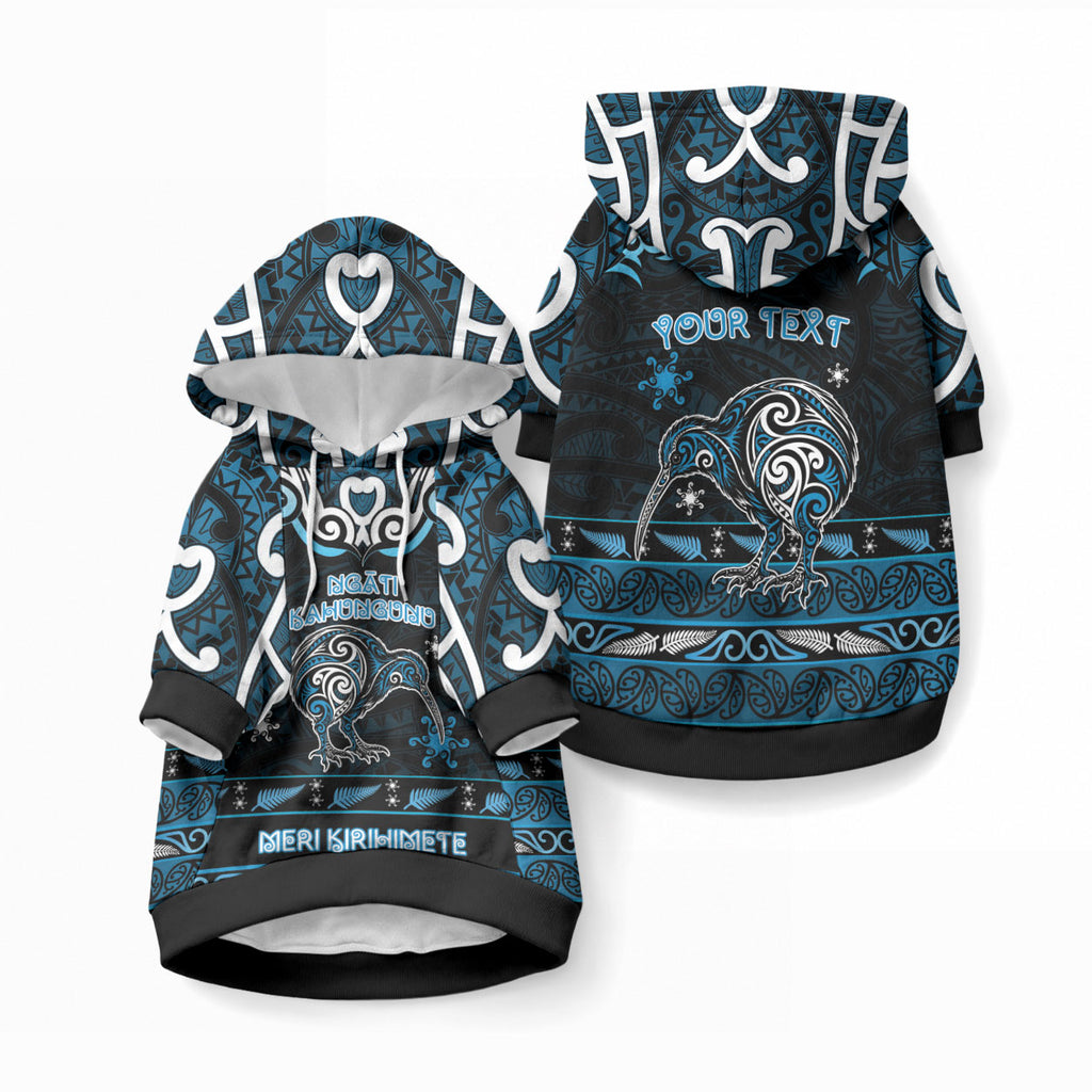 Personalised Ngati Kahungunu Aotearoa Meri Kirihimete Pet Hoodie Maori Kiwi Bird Silver Fern Koru Pattern