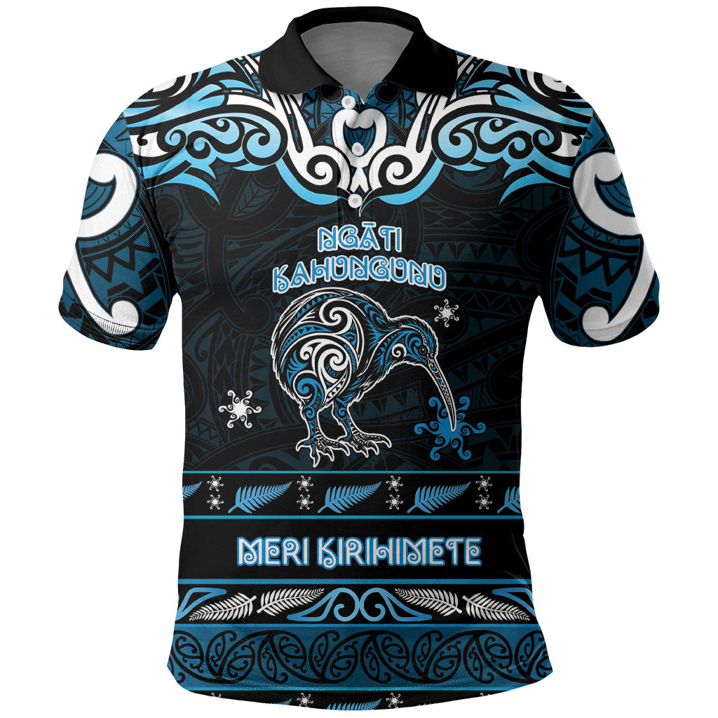 Personalised Ngati Kahungunu Aotearoa Meri Kirihimete Polo Shirt Maori Kiwi Bird Silver Fern Koru Pattern