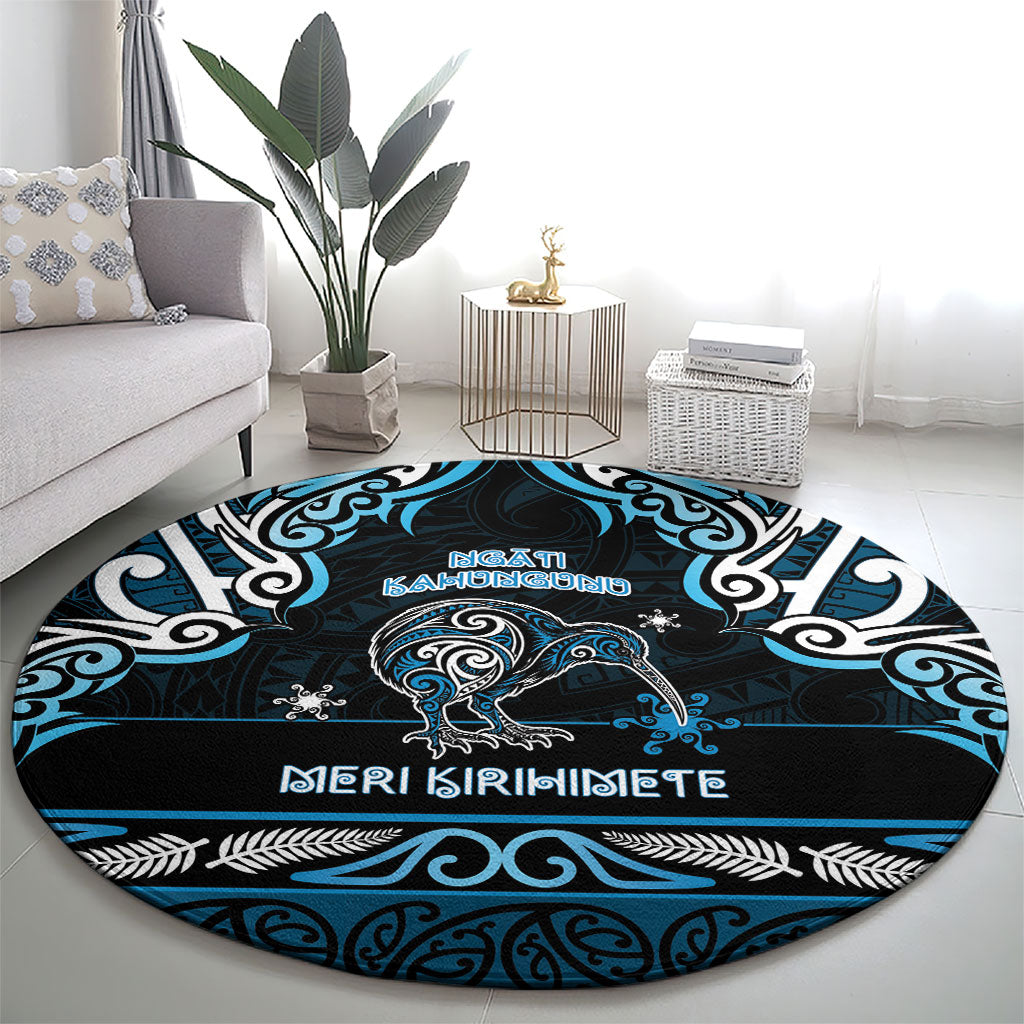 Ngati Kahungunu Aotearoa Meri Kirihimete Round Carpet Maori Kiwi Bird Silver Fern Koru Pattern