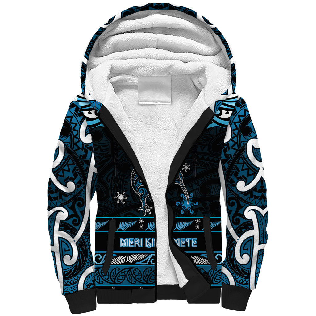 Personalised Ngati Kahungunu Aotearoa Meri Kirihimete Sherpa Hoodie Maori Kiwi Bird Silver Fern Koru Pattern