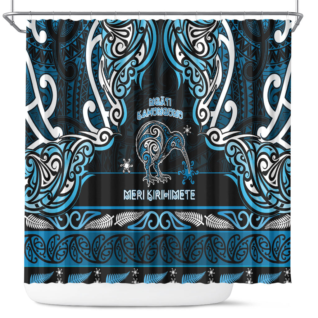 Ngati Kahungunu Aotearoa Meri Kirihimete Shower Curtain Maori Kiwi Bird Silver Fern Koru Pattern