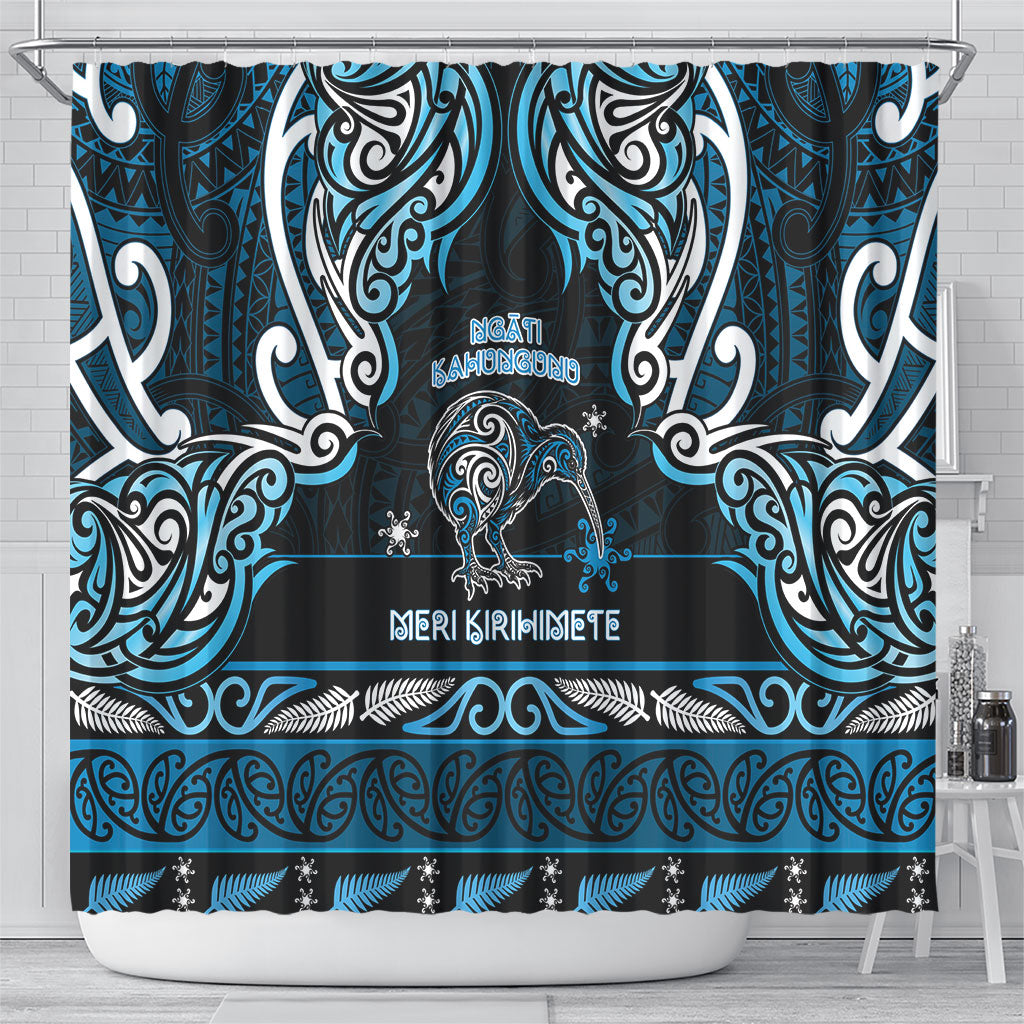 Ngati Kahungunu Aotearoa Meri Kirihimete Shower Curtain Maori Kiwi Bird Silver Fern Koru Pattern