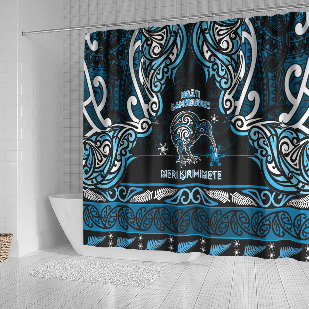 Ngati Kahungunu Aotearoa Meri Kirihimete Shower Curtain Maori Kiwi Bird Silver Fern Koru Pattern