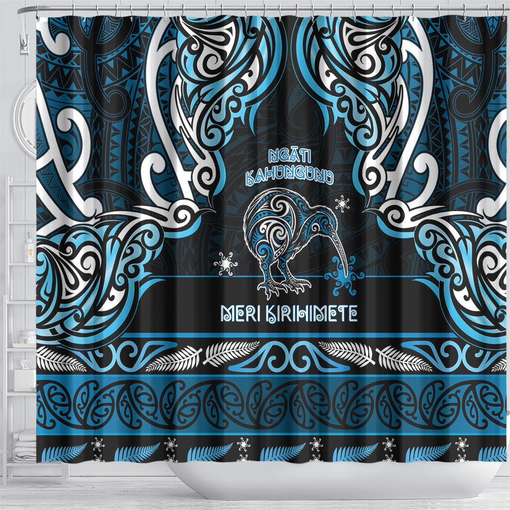 Ngati Kahungunu Aotearoa Meri Kirihimete Shower Curtain Maori Kiwi Bird Silver Fern Koru Pattern