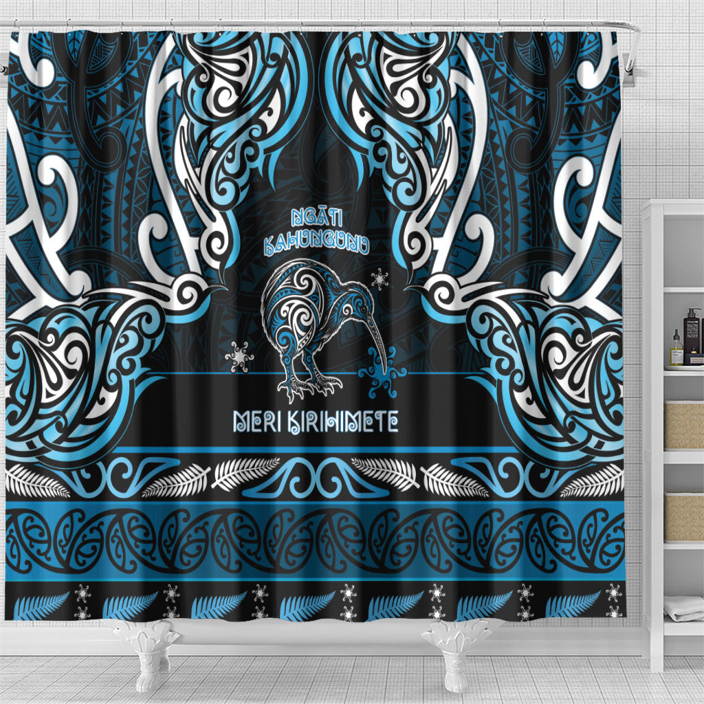 Ngati Kahungunu Aotearoa Meri Kirihimete Shower Curtain Maori Kiwi Bird Silver Fern Koru Pattern