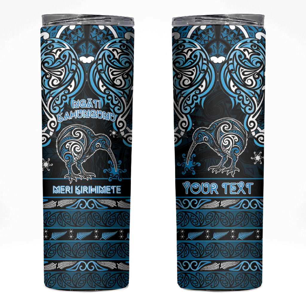 Personalised Ngati Kahungunu Aotearoa Meri Kirihimete Skinny Tumbler Maori Kiwi Bird Silver Fern Koru Pattern